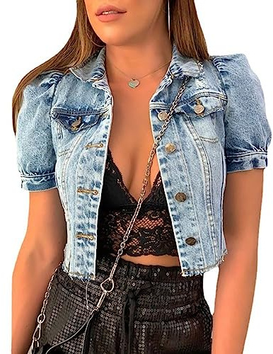Giubbino Jeans Donna, Giacca Di Jeans A Maniche Corte A Sbuffo Da Donna Azzurro Giacca Di Jeans Strappata Lavata Vintage Con Bottoni E Giacca Di Jeans Cropped Distressed Faded Summer Jean Shrug Jack