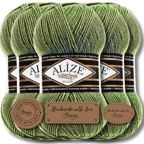 Hobby YARN 3x Etikettenlabel mit Alize Superlana Klasik Wolle Premium 5x100g als Set, Yarn, Garn, Strickgarn, Einfarbig, Baby, zum Häkeln, Stricken, Kleidung, Schals (Olive - 620)