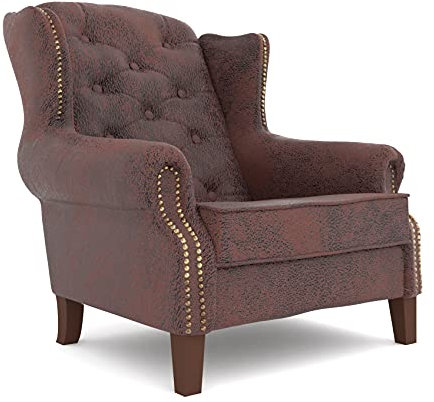 S-Style Möbel Sargans Chesterfield Sessel Ohrensessel Für Wohnzimmer Schlafzimmer Louge Büro Loungesessel Polstersessel Cocktailsessel Holzbeine Öko Leder Braun Schwarz 102 x 93 x 102 cm