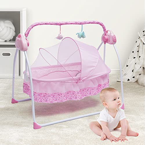 Elektrische Stubenwagen, Babywiege, Automatischer Baby Schaukel, Babyschaukel, Babybett Bettchen, Beistellbett Schaukelstuh mit 12 Liedern, Timing und Bluetooth USB-Verbindungsfunktionen (Rosa)