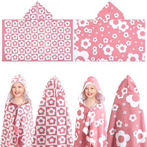 Mindsoft 2 Pcs Kids Hooded Bath Towel 50 x 30 Soft Pink Hooded Beach Towels Absorbent Microfiber Toddlers Towels Pool Beach Towel Wrap for 3-12 Years Kids Swimming Cover up 2 Design(Flowers)
