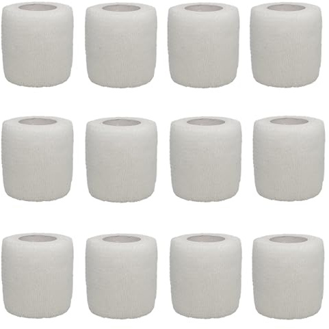 12 Rollen Selbstklebender Verband Selbsthaftende Bandage Wundverband Elastische Binde Fixierbinde für Knie Handgelenk und Sprunggelenk Weiß 5 cm