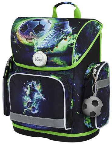 Baagl Schulranzen Jungen für 1. Klasse, Ergo Schultasche Grundschule, Leichter Kinder Ranzen Tornister Schulrucksack mit Brustgurt (Fußballspieler)