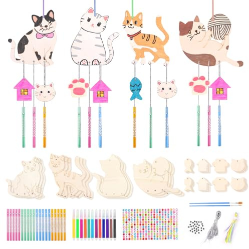 Svalor Holzkatze Windspiel Bastelset für Kinder - Kindergeburtstag Basteln mit Hängendem Klangspiele zum Bemalen, DIY Handwerk