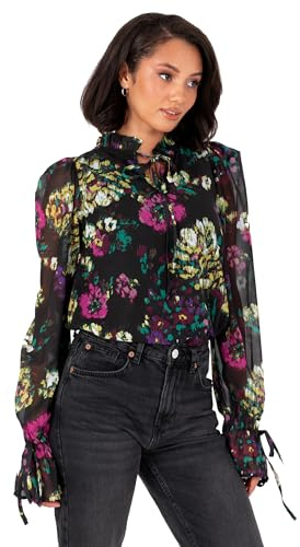Lovedrobe Chemisier à col noué pour Femme - Haut à Manches Longues et Poignets volantés - Imprimé Floral - Trou de Serrure - Nœud Papillon - Vêtements de Bureau - Multicolore 20, Multicolore, 48