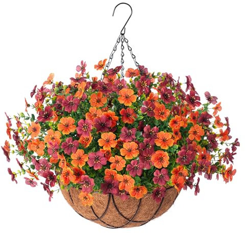 INXUGAO Artificial Silk Flowers Hanging Baskets for Outdoors Indoors, Daisy with Eucalyptus Leaves Arrangement for Garden Yard Decor, Faux Green Plant in Metal Coconut Lining Flowerpot(Orange Brown)