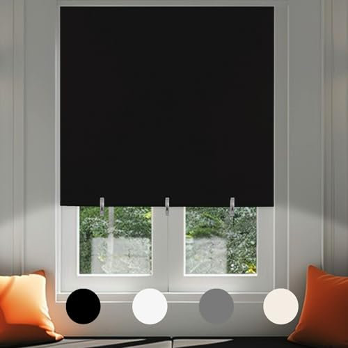 No Drill Blackout Blind Stick on Curtains Thermal Insulated, Adjustable Clips Self Adhesive Cut to Size Easy Fit Temporary Blackout Window Blinds for Bedroom, Nursery (1, Black, 90W x 180H cm)