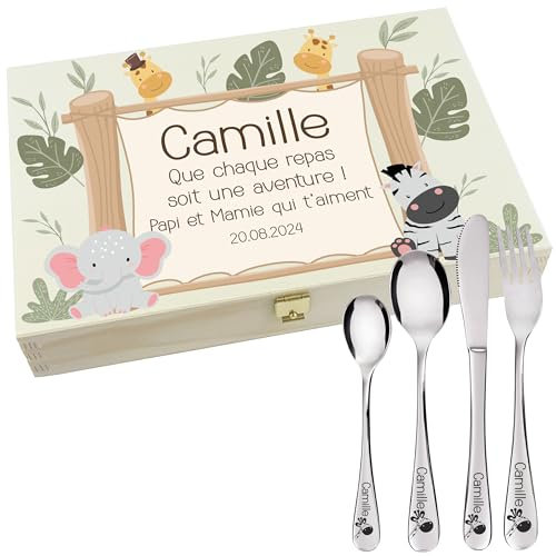 Gravure Events - Coffret en Bois avec 4 Couverts personnalisés pour Enfant - prénom gravé en France - Cadeau Noël bébé, Baptême, Cadeau de Naissance Fille ou garçon
