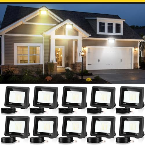 Fiqops Strahler 10W 10er, LED Fluter 6000K Kaltweiß 900LM Scheinwerfer IP66 Wasserdicht Flutlicht Außenstrahler Außenleuchte für Werkstatt Garage Garten