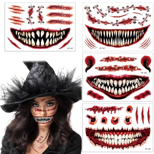 ZKGYUS 4 Blatt Halloween Narben Tattoos 3D Grusel Tattoo Gesicht Fake Blood Narben Gesicht Halloween Zombie Make Up Damen Herren Gesichtstattoo Halloween Hexe
