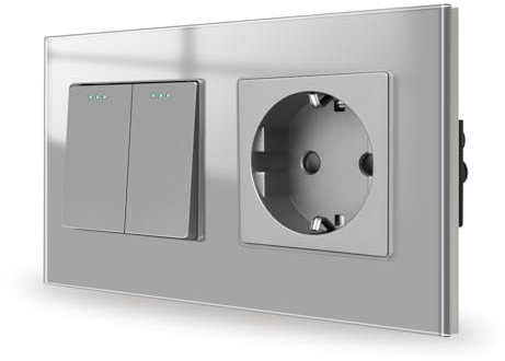 JIMEIDA Interruptor de luz con toma de corriente, gris, empotrado, 2 veces, 1 vía, toma de cristal, botón, interruptor de pared, basculante de cristal, 157 x 86 mm, 10 amp