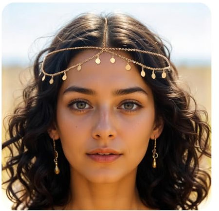 Ouligay Göttin Kopfkette Gold Damen Wahrsagerin Kopfschmuck Gold Pailletten Boho Quaste Haarkette Kopf Ketten Schmuck, Hochzeit Braut Festival Kostüm Haarschmuck für Frauen und Mädchen