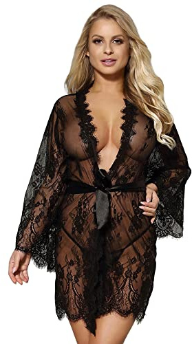ohmydear Brudmorgonrock med spets transparent kimono dam med sidenbälte sexiga underkläder set varm långärmad nattlinne pyjamas dam erotisk, Svart, M-L