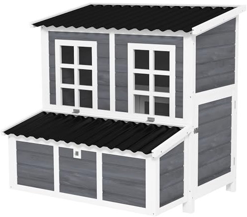 PawHut Hühnerstall aus Tannenholz, Hühnerhaus mit Nestkasten, Geflügelhaus für 4-6 Hühner, Wasserfestes Dach, 100 x 86 x 100 cm, Hellgrau