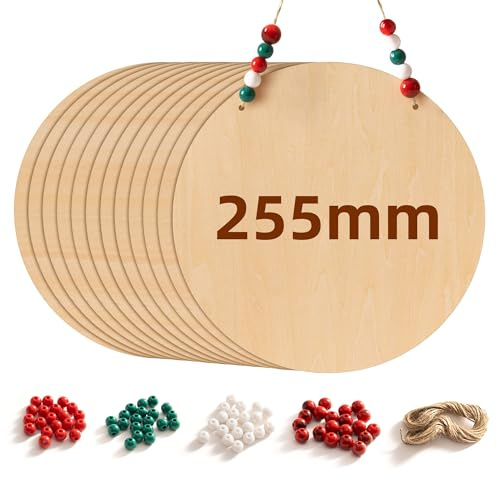 ROWOOD Set di 12 fogli di compensato rotondi da 25 cm, fette di legno grezzo per artigianato, decorazioni per matrimoni e vacanze, pittura e progetti fai da te