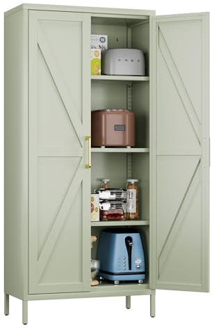 SUPEER Metal Storage Cupboard with 2 Doors and 3 Adjustable Shelves - 155cm Kitchen Pantry Storage Cabinet, Steel Cabinet Locker for Kitchen, Living Room, Dining Room(Aqua)