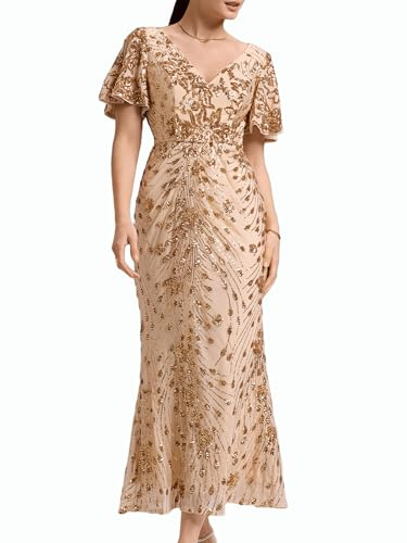 Ever-Pretty Abendkleid Damen Pailletten V-Ausschnitt Formal Ballkleider Sommer Midi-Länge Gold 40