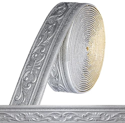 Bordüre Selbstklebend,10m x 8cm x 5 mm Tapetenbordüre Selbstklebend, Wasserdicht Bordüre 3D, Fliesen Roll Border Trims für Ecken Linien Decken Dekoration (Silbergrau)