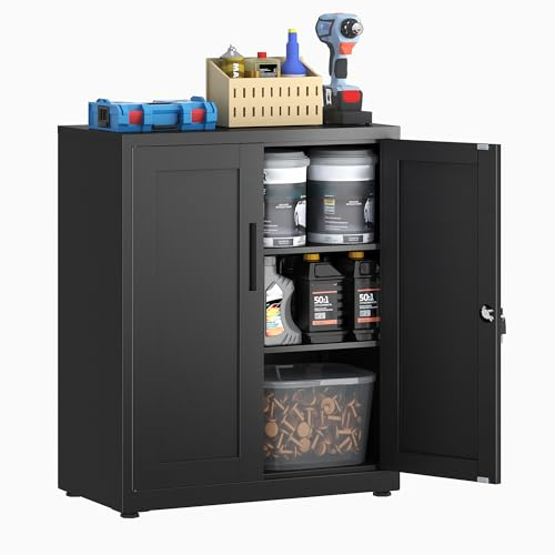 HOMSTEEL Armadietto in Metallo, Armadietto per Garage con Chiusura a Chiave, con 2 Ripiani per Ufficio con Ripiani Regolabili, per Ufficio, Garage e Ripostiglio, 40 x 75 x 91.5 cm, Nero
