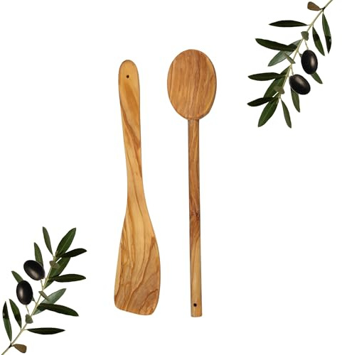 MOON HOME Premium Küchenhelfer-Set, aus Olive/Holz, 2er Set hochwertige Kochlöffel und Pfannenwender, robustes & nachhaltiges Kochbesteck aus Olivenholz, Holzlöffel und Bratenwender