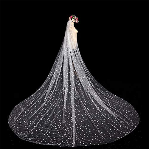 TYUHDUYUR Elegant Wedding Veil One-Layer Floor Length Trailing Cathedral Wedding Veil Star Printing Headwear with Comb White