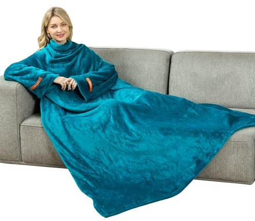 Winthome Couverture douillette avec manches - Douce et chaude - Couverture de canapé en polaire avec fermeture et bandes élastiques - Pour cadeaux d'hiver, économies sur les coûts de chauffage (vert