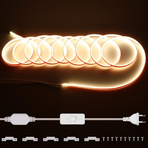 10m LED COB Alto brillo 220V, 288leds/m, tira blanca cálida de 3000K sin transformador, cinta LED flexible y recortable con interruptor IP65 para decoración del hogar Iluminación, cocina, jardín, tv
