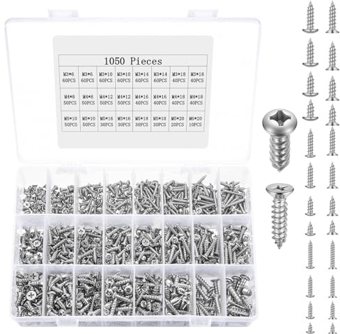 1050 viti autofilettanti in acciaio inox M3 M4 M5, set di viti autofilettanti, viti per legno, viti a testa svasata a testa piatta e fessura a croce, viti a testa tonda per progetti fai da te