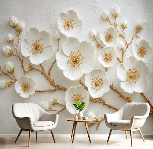 SMBHIAON Carta da parati Dipinto In Rilievo Tridimensionale,150L × 105A cm Fotomurali in Seta Motivo Fiori Ciliegio 3D Decorazione da Muro XXL Poster Gigante Design per Ufficio TV Sfondo - Platino
