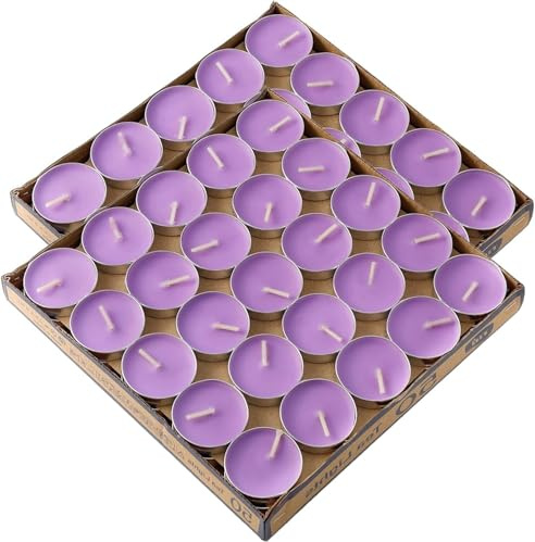 Kinmsito 100 Stück Teelichter, Lila Teelicht Kerzen Brenndauer 2 Stunden, Runden Kerzen Teelichters, Romantische Teelichter für Geburtstag, Haus,Party, Hochzeitzu, Valentinstag(Lila)
