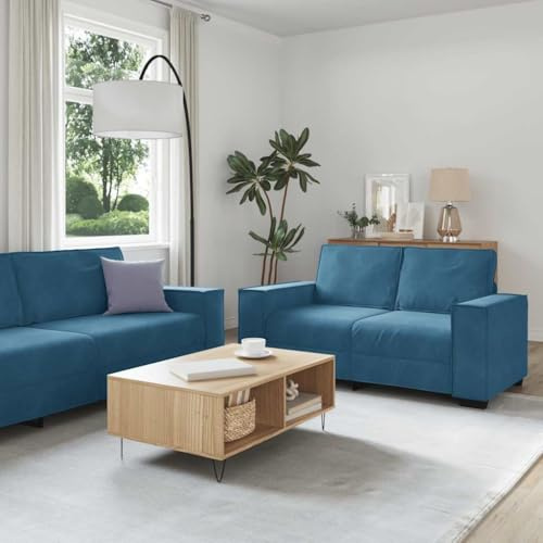 Mandloder 3-TLG. Sofagarnitur mit Kissen, Blau Samt Couch Set für Wohnzimmer, strapazierfähig, Robustes Holz- und Metallgestell, modernes Design, 1 Sessel, 1 Zweisitzer, 1 Dreisitzer