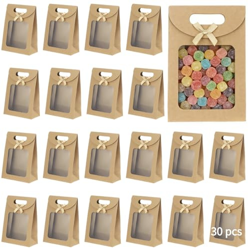 Geschenktüte mit Fenster,30er-Set Mini-Kraftpapier-Tüten mit Sichtfenster, braune Party-Tüten mit Schleife und Henkel für Süßigkeiten, Kekse, Snacks, 12 x 6 x 16 cm