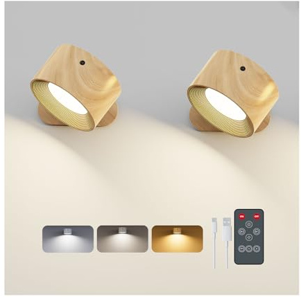 Wandleuchte Innen, Wandlampe mit Fernbedienung Dimmbar mit Akku mit USB-Ladeanschluss, Led Wandleuchte Touch Control 3 Helligkeitsstufen 3 Farbmodi 360° drehbare für Wohnzimmer Holzmaserung 2 Stück