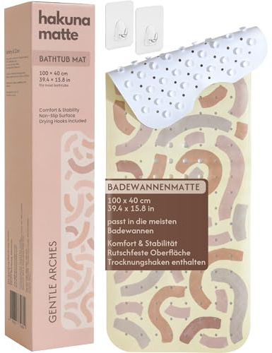 Hakuna Matte Badewannenmatte Gentle Arcs 100 x 40 cm Kinder | Badewannenmatte rutschfest, inkl. 2 Haken, rutschfeste Badematte, 100% BPA-frei