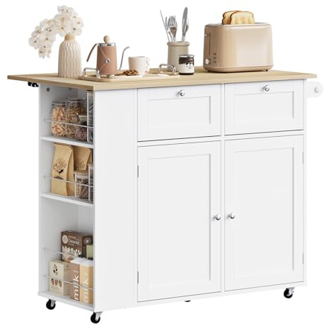 WOLTU Isola Cucina con Ruote Girevoli a 360°, Piano Ribaltabile, Scaffale Laterale a 3 Ripiani e 2 Cassetti, Carrello Cucina in Legno con 2 Ante e Portasciugamani, Rovere Chiaro + Bianco