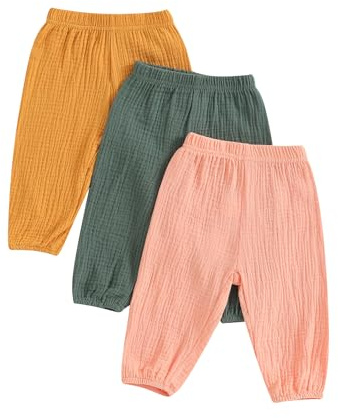 XIXIMAON Baby Boys Girls 3 Pack Cotton Linen Trousers Toddler Kids Solid Color Elastic Waist Sweatpants Jogger Pants Summer Fall Harem Bloomers Infants Clothes