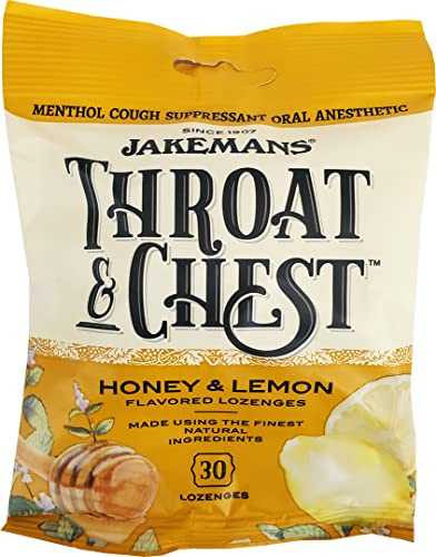 Jakemans Honey and Lemon Throat & Chest Lozenges Cough Drops – Cough, Sore Throat and Seasonal Distress Soothing Relief – Liquid Drop Shape – 30 Lozenges