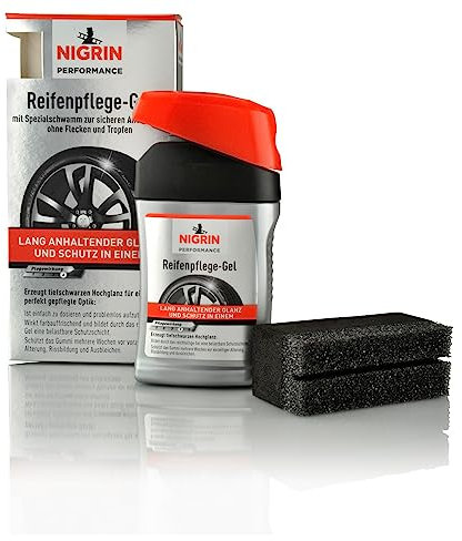NIGRIN Performance Reifen-Gel, 300 ml, schützt Autoreifen vor UV-Strahlen, Schmutz und Salz, mit Spezialschwamm zum Auftragen für Reifen-Pflege und Reifen-Glanz