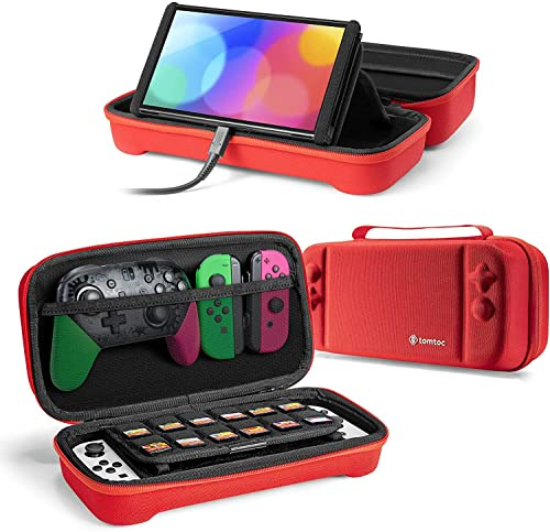 tomtoc Tasche Hülle für Nintendo Switch/Nintendo Switch OLED Modell, Protective Hard Case Tragetasche für Switch Konsole, 24 Spiele, Pro Controller, Netzteil und Zubehör, Rot