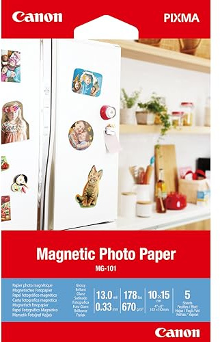 Canon Fotopapier MG-101 Magnetisches Papier - 10x15 cm 5 Blatt für Tintenstrahldrucker Glänzend für PIXMA Drucker 3634C002 Weiß