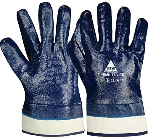 12 Paar Hase Safety Chemnitz Lite Nitril-Arbeitshandschuhe vollbeschichtet, ölbeständige Nitrilhandschuhe mit Stulpe Größe L (09)
