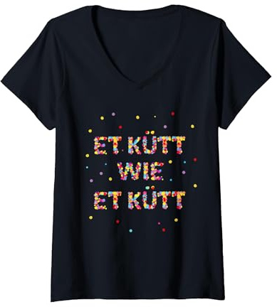 Damen Et Kütt Wie Et Kütt Fasching Karneval Konfetti Kostüm Outfit T-Shirt mit V-Ausschnitt