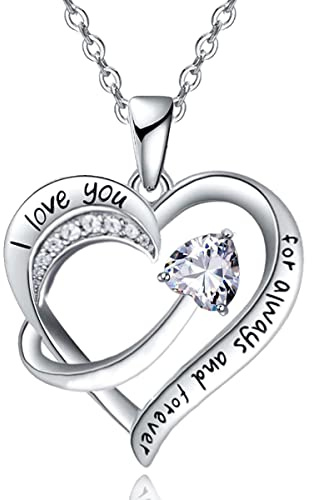 Emma Manor EM Love Heart Pendant Necklace for Women 18k White Gold Plated 5A Cubic Zirconia Engraved I Love You Jewellery Gift for Girls Wife (Clear)