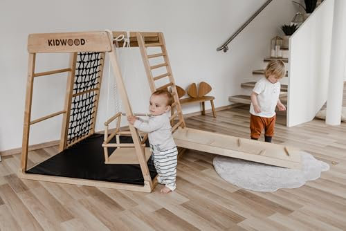 CLIFF (ex. KIDWOOD) - Ponteggio per arrampicata a vela Black Edition con tappetino di sicurezza in nero, torre da arrampicata in legno naturale, montessori, per cameretta dei bambini, triangolo da