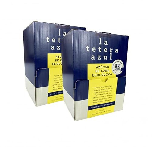 LA TETERA AZUL 200 Sobres Individuales de Azúcar de Caña Ecológico. Azúcar Moreno Orgánico Monodosis. 200 Bolsitas de 5 Gramos. Pack de 2.