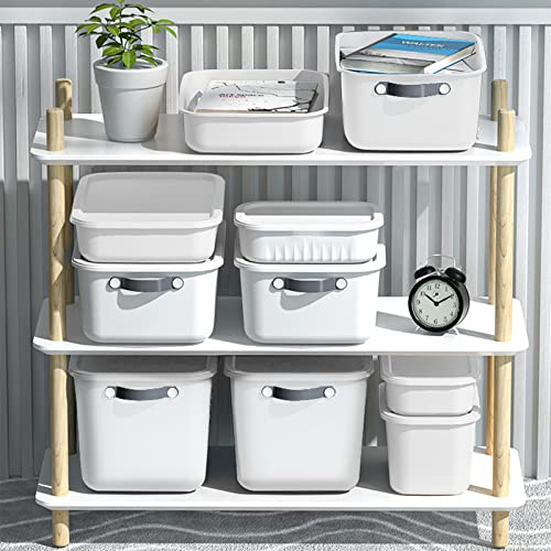 ZPONEED Set of 8 Storage Boxes with Lid, Stackable Clothing Storage Basket case with Handle for Toy, Books, Closet, Bedroom, Home, White