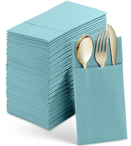 SERVIETTO Engångs middagsservetter i linne med inbyggd bestickficka, 50-pack PALE BLÅ Prefolded tyg som pappersservetter för bröllop, middag eller fest, 30 x 40 cm (SV-CPDN6-GREN/50)