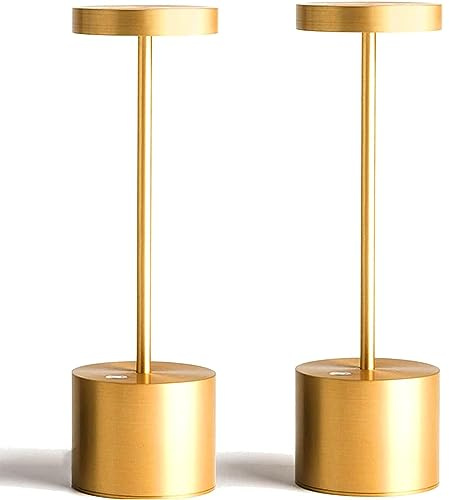Verbesserte Kabellose Tischlampe, 5000mAh Akku, IP54 Wasserdicht, Aluminiumlegierung, 3 Farbmodi, Stufenloses Dimmen, bis zu 40 Stunden, für Paarabendessen/Restaurant/Schlafzimmer, Golden 2 Set