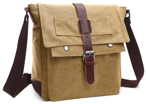 DORRISO Elegante Hombre Vintage Bolsos Hombro Lienzo Bolsa Mensajero para 10.9 Pulgadas iPad con Correa Ajustable Múltiples Bolsillos para Casual Cámping Al Aire Libre Tela Bandolera Caqui