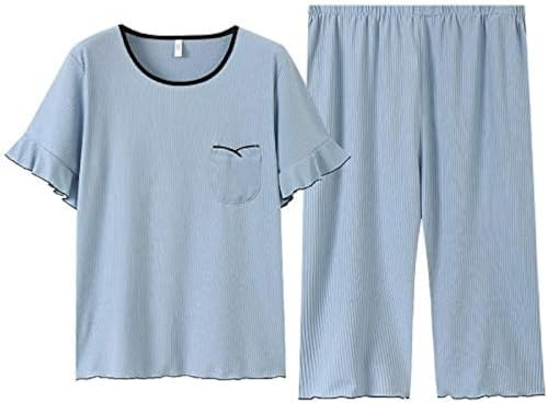 GOCTRN Lägg till gödselmedel på sommaren för att öka lös tunn pyjamas, ren färg pullover kortblöta beskurna byxor hemservice, BLÅ, 5XL